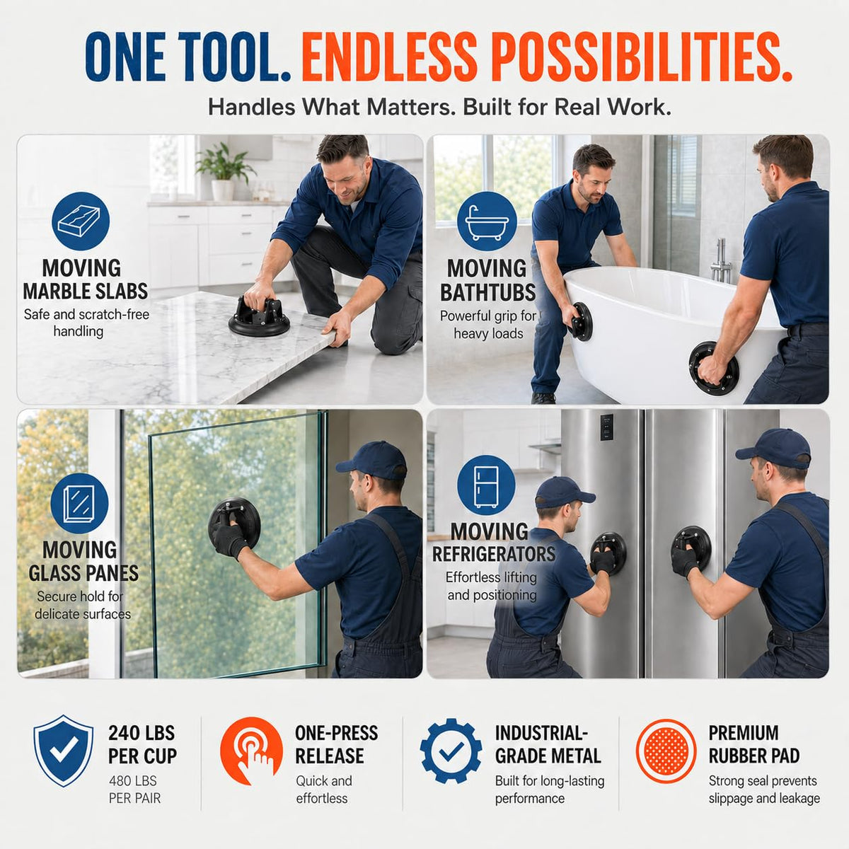 IMT 8" Glass Suction Cups for Granite & Glass Lifting, Vacuum Suction Glass Lifter with Handle, 240lbs Load Capacity W/Free Case