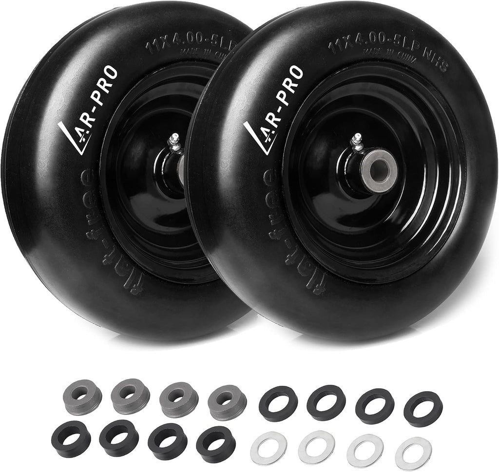 (2-Pack) 11x4.00-5 Flat Free Tire and Wheel, Universal 11x4-5 Solid Smooth Tractor Turf Tire with Rim, 3.4" Centered