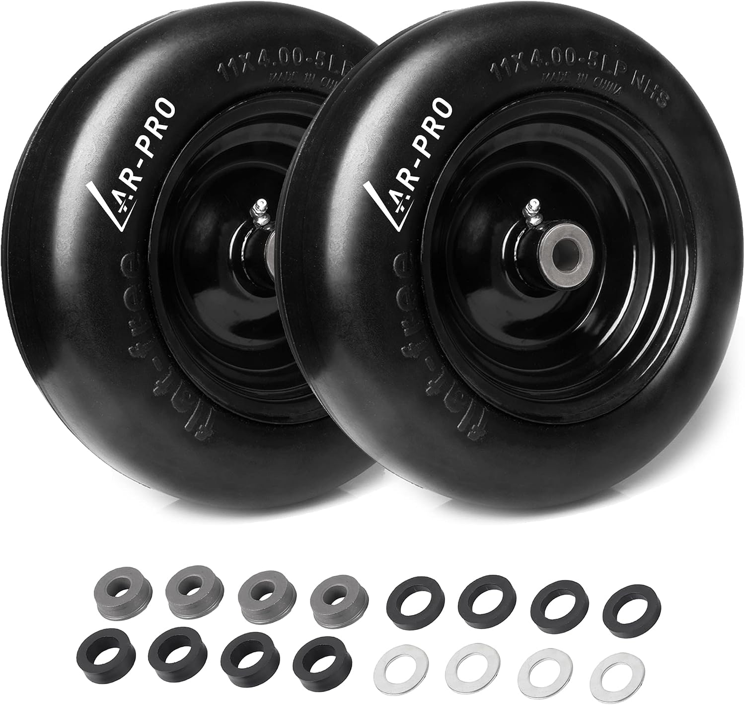 (2-Pack) 11x4.00-5 Flat Free Tire and Wheel, Universal 11x4-5 Solid Smooth Tractor Turf Tire with Rim, 3.4" Centered