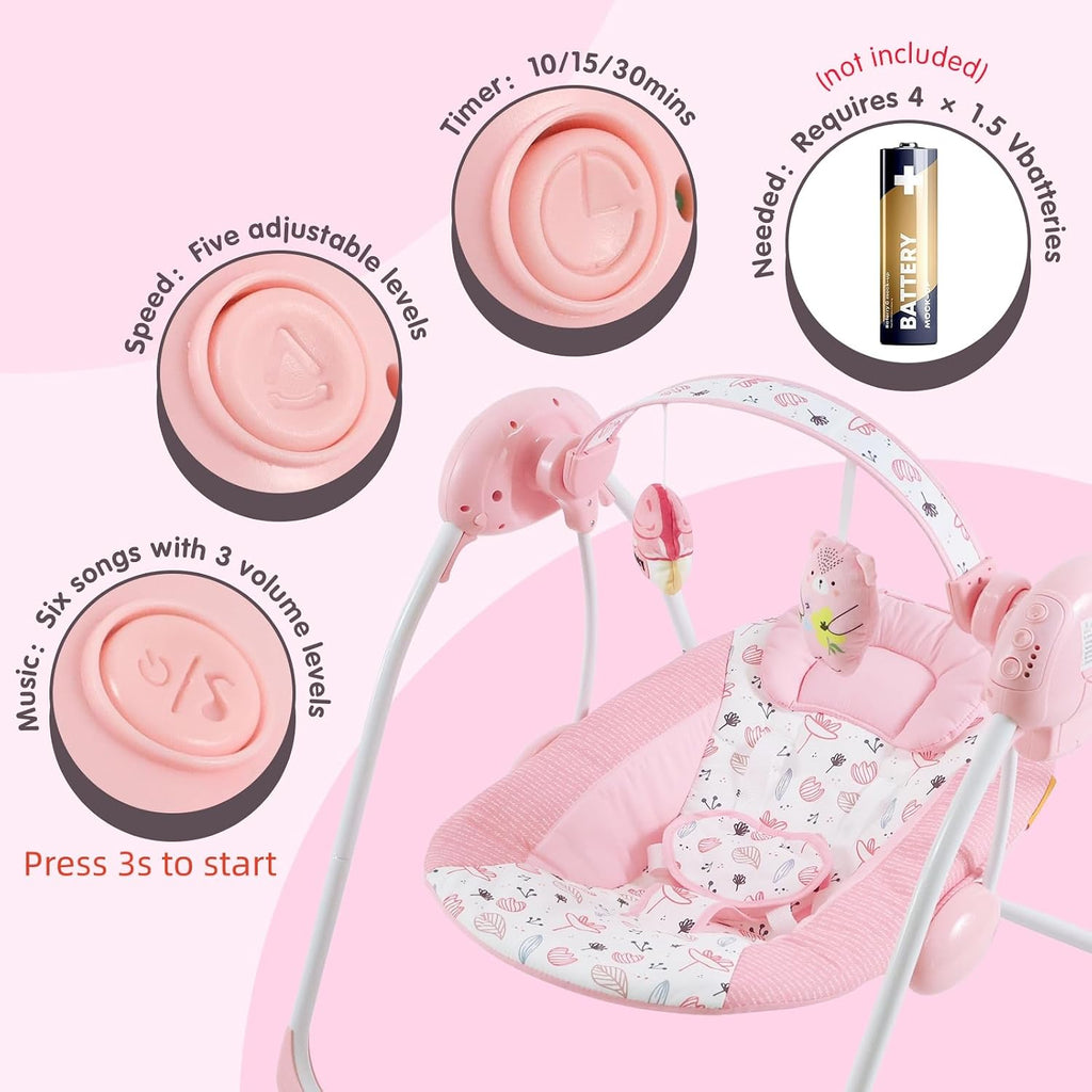 Portable Baby Swing for Infants, Compact & Foldable Infant Swing with 5-Speed Swing,Music, Timer, Cushioned Seat