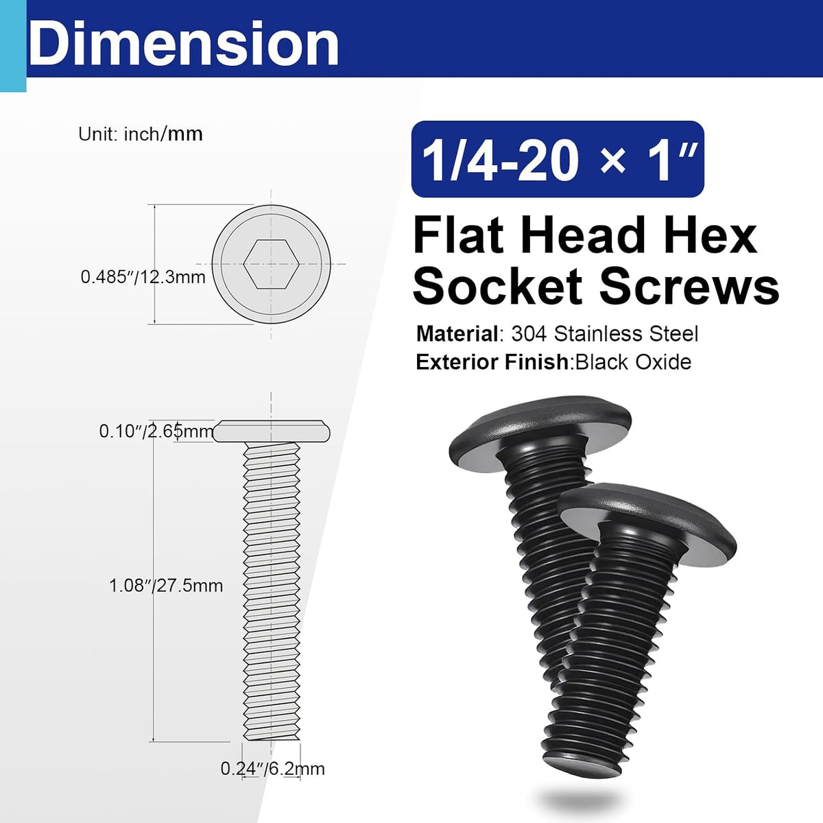 20PCS 1/4"-20 x 1 Flat Head Socket Cap Screws, 304 Stainless Steel