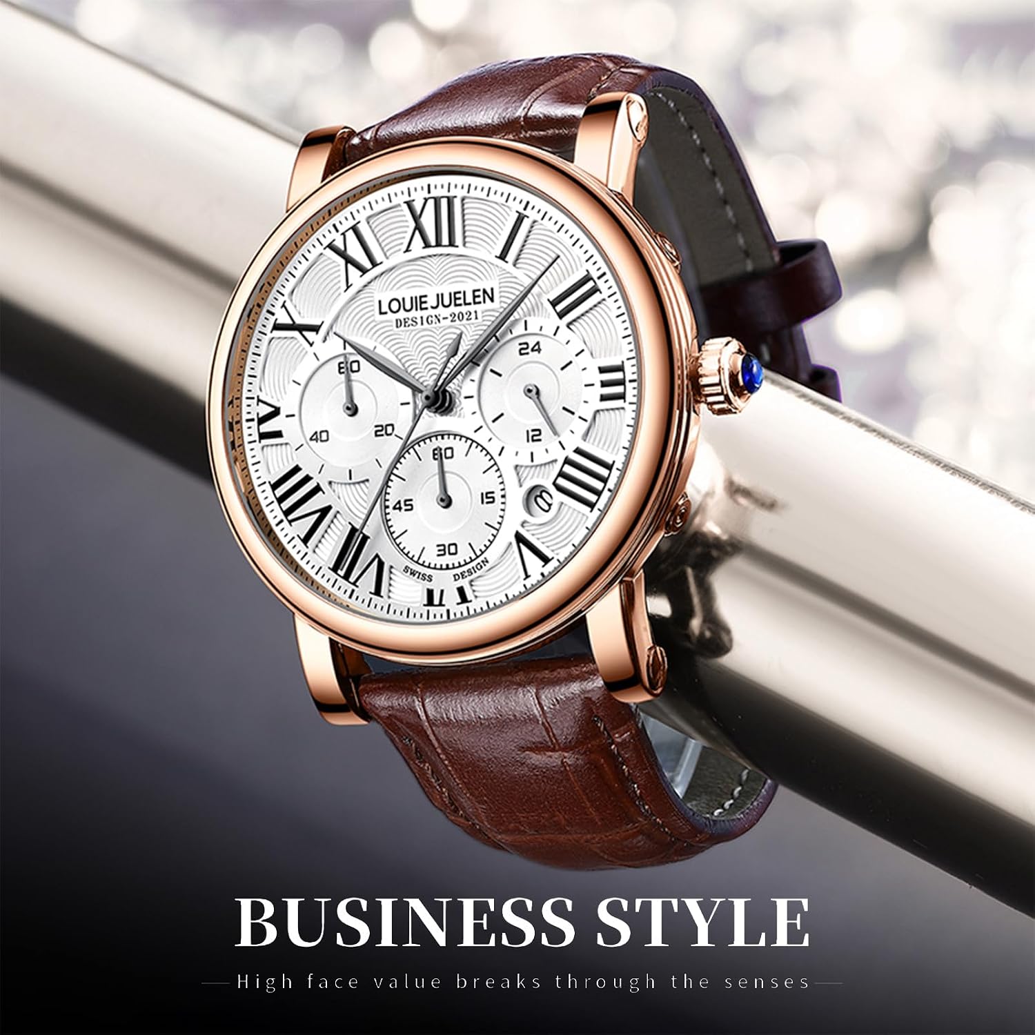 Men's Business Watch, Chronograph Quartz Analog Watch, Leather Strap | Stainless Steel, Roman numerals, Analog