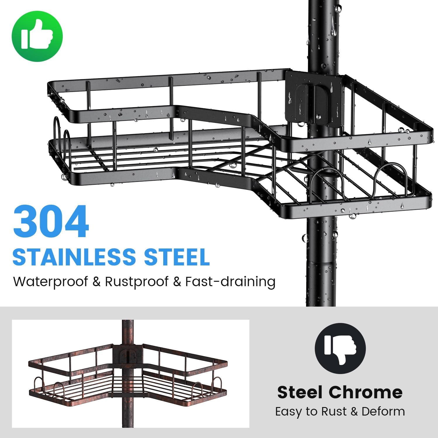 Adjustable Shower Caddy Tension Pole: Rustproof Corner Bathroom Shelves | 4-Tier 31-124" No Drill Standing Organizer