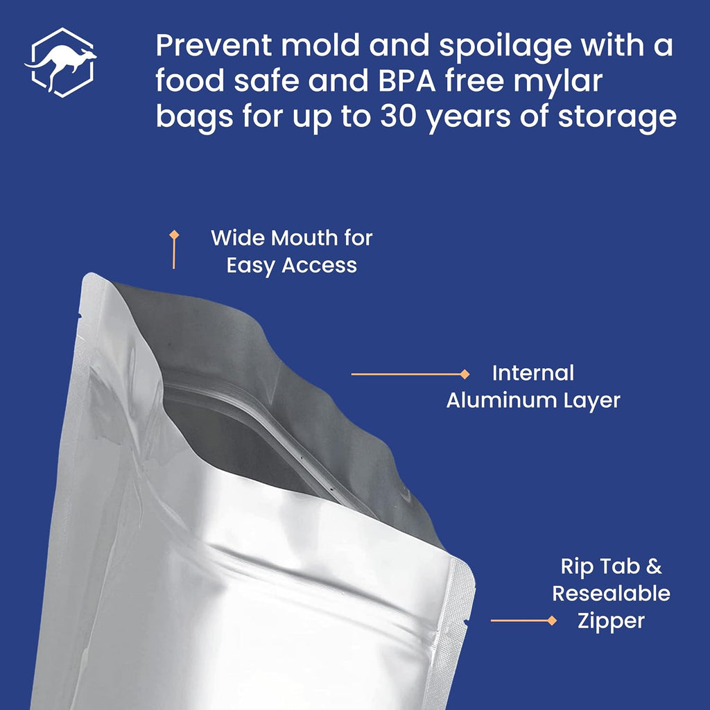 50 Count 1-Quart Gusset Mylar Bags with Labels, 12 Mil Total Thickness Long-Term Food Storage Pouches, 10x7 Stand-Up
