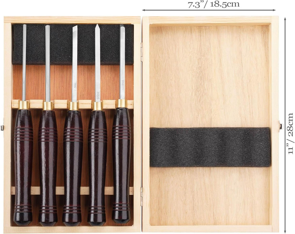 Woodworking HSS Wood Turning Tools Lathe Chisel Set of 5 pcs Mini with Wooden Box, Ideal for Pen Turning and Small