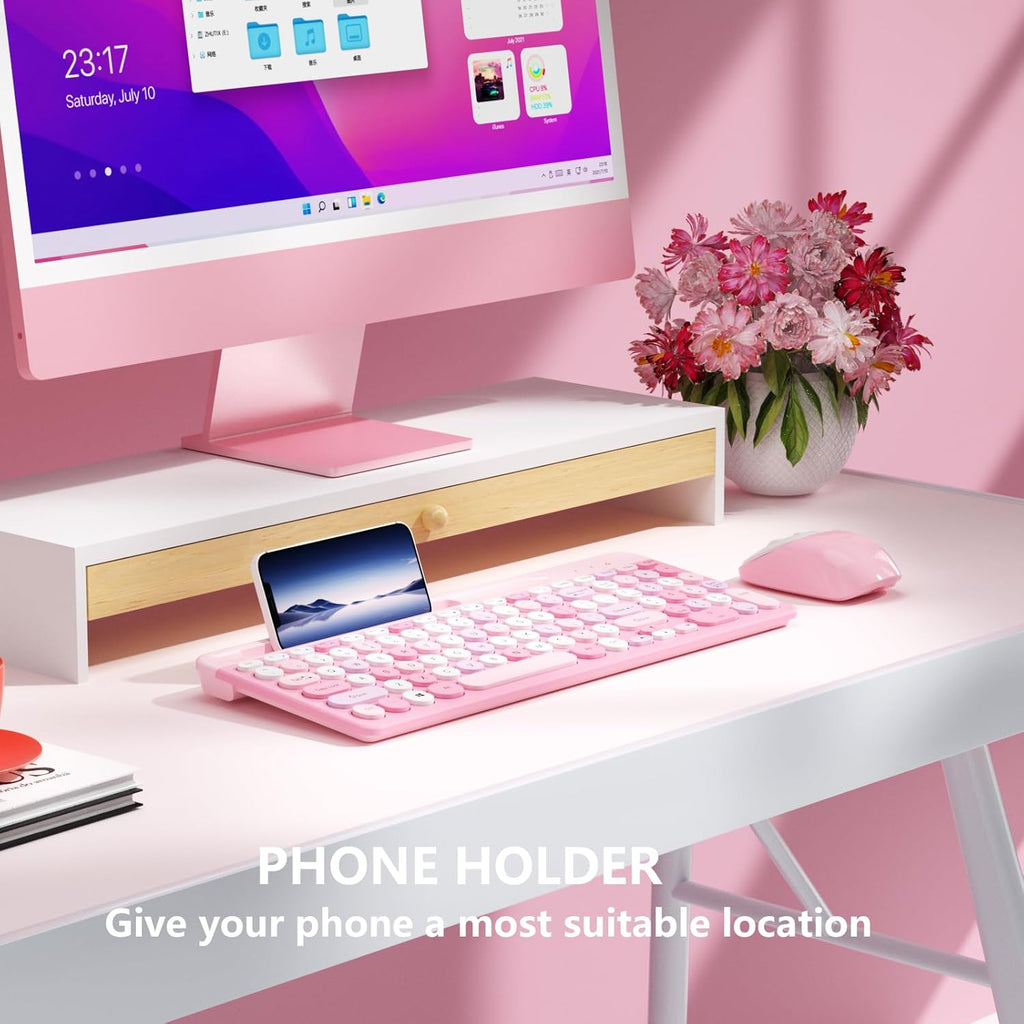 Retro Wireless Keyboard with Round Keycaps, 2.4GHz Full-Size USB Cute Wireless Keyboard Mouse for Computer, Desktop