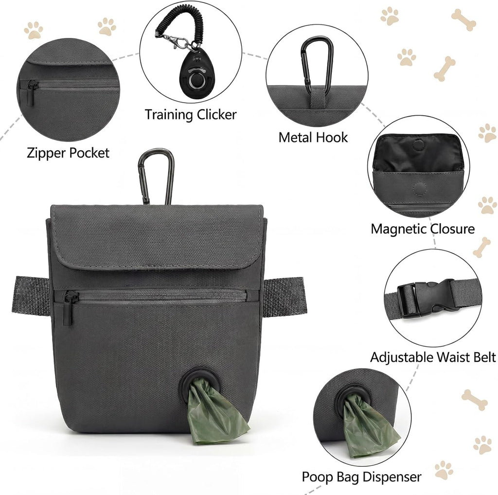 Dog Treat Pouch and Dog Training Clicker, Treat Bag with Poop Bag Dispenser, Powerful Magenetic Clasp, Metal Clip