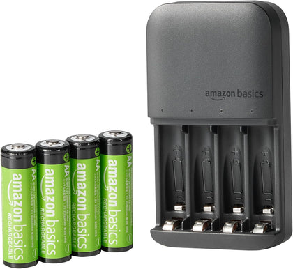 4-Bay Battery Charger for AA & AAA Rechargeable Batteries with Pre-Charged AA NiMh Batteries, LED Operation, Type A