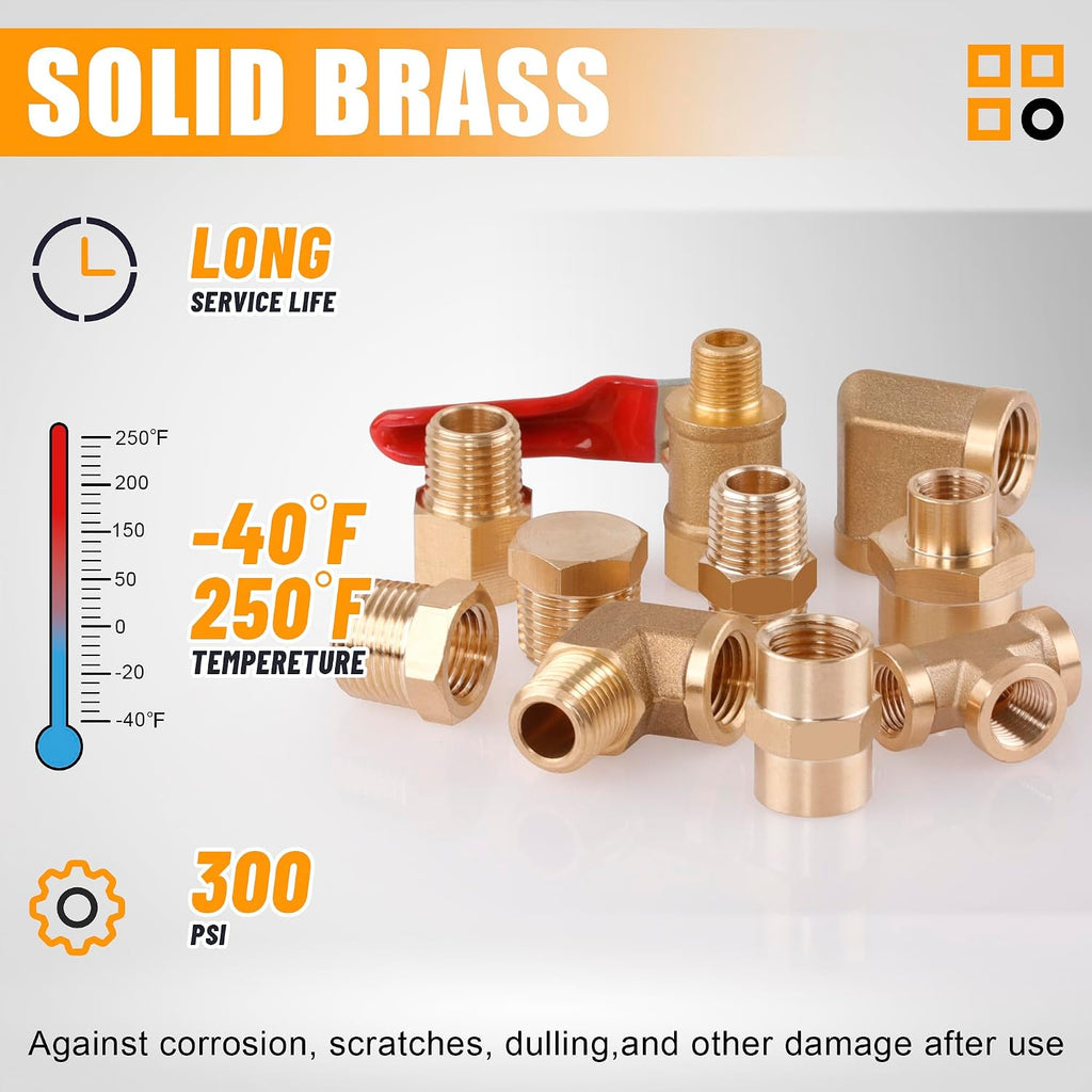 105PCS Brass Pipe Fittings Assortment Kit,1/8" 1/4" 3/8" 1/2" NPT