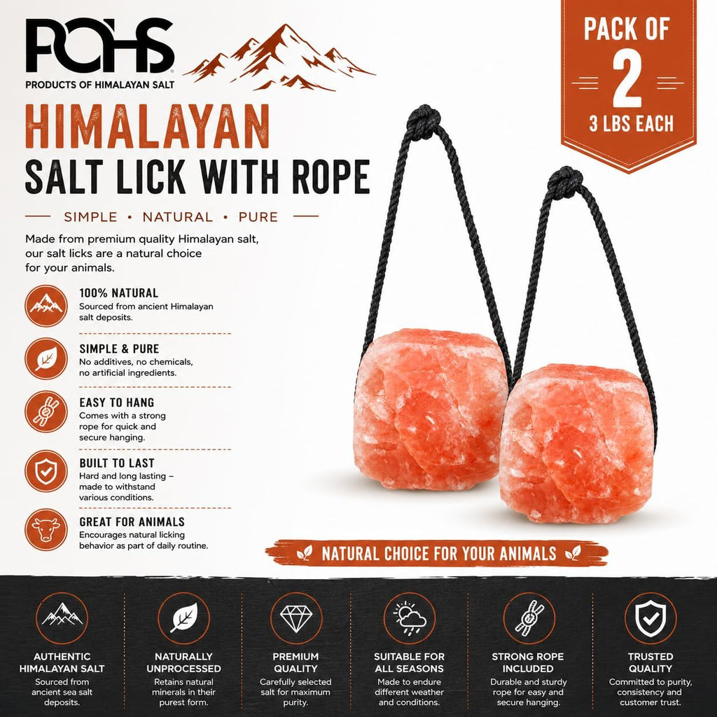 Himalayan Salt Lick on Rope 3 lb Each (Pack of 2) for Horses & Livestock – Natural Pink Mineral Salt Block - Salt