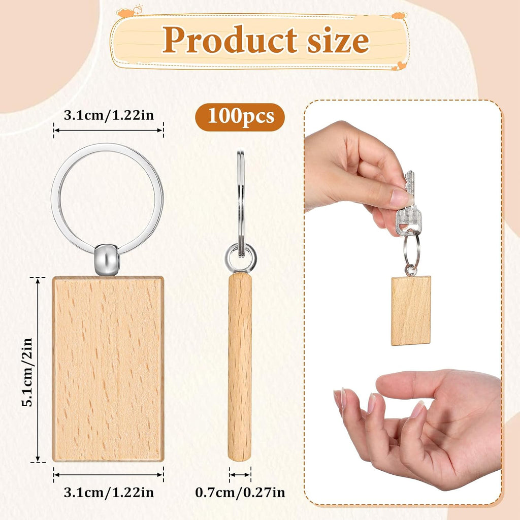 100 Pcs Wood Keychain Blank, Unfinished Laser Engraving Blanks | With Key Rings, Rectangular Keychain Ring Tag Wood