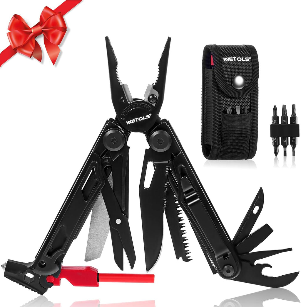 Multitool with Pocket Knife, Stainless Steel Needle Nose Pliers | 27-in-1 Multi Tool with Screwdrivers, Self-locking