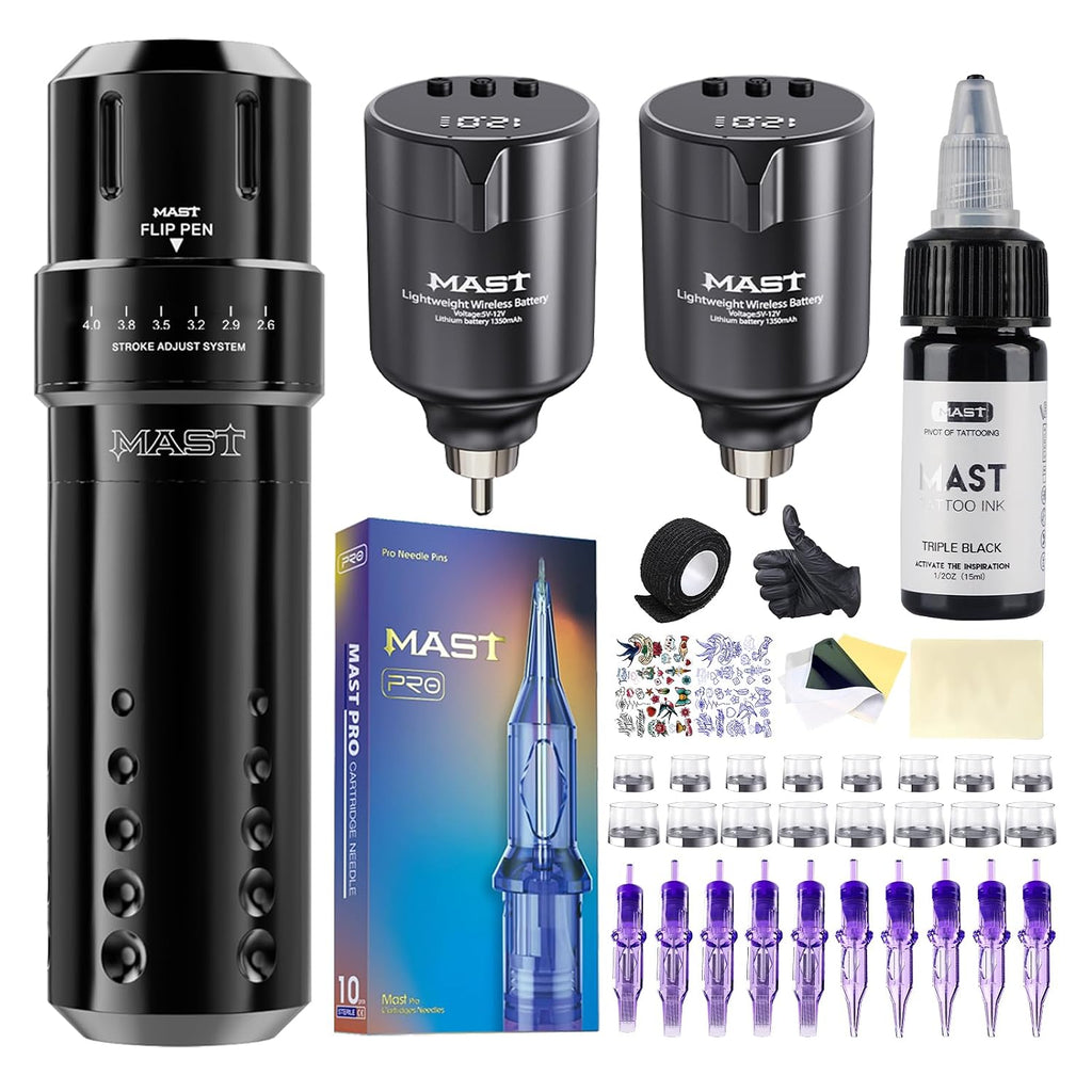 Flip Corded & Cordless Tattoo Gun Kit Rotary Tattoo Machine with 6 Strokes 2.6-4.0mm 2 Batteries 10 Needles Complete