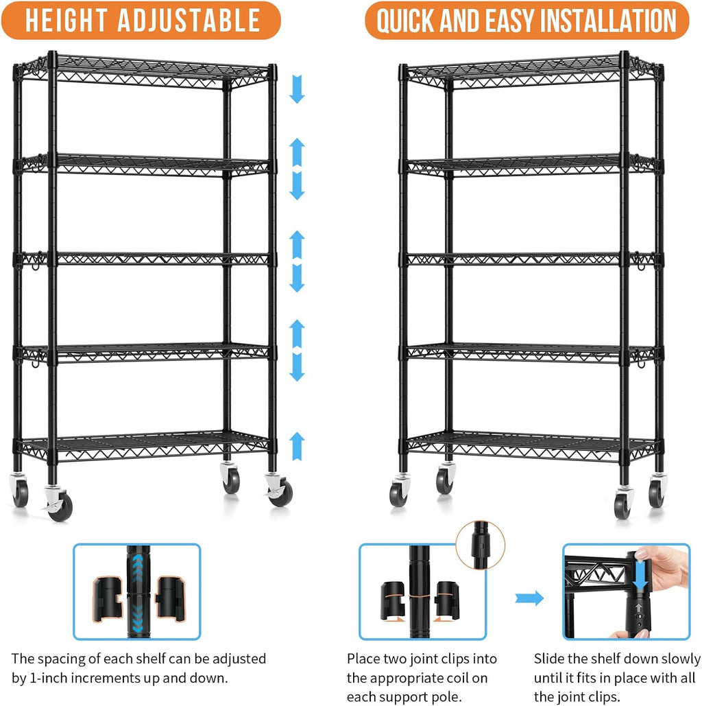 Wire Shelving, 1900lbs Capacity 5 Tier Heavy Duty NSF Wire Shelf with Rolling Wheels Black Metal Storage Shelves