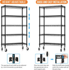 Wire Shelving, 1900lbs Capacity 5 Tier Heavy Duty NSF Wire Shelf with Rolling Wheels Black Metal Storage Shelves