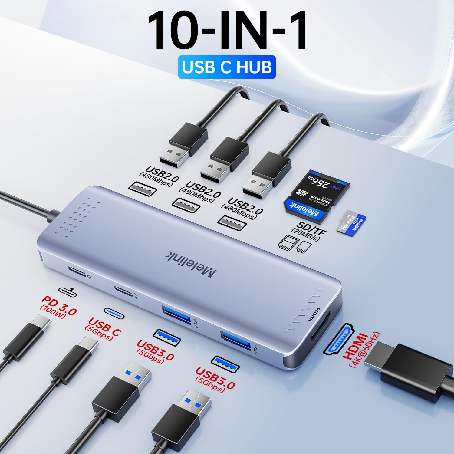 USB C Hub Multiport Adapter for MacBook Pro/Air, 10 in 1 USB C Dongle Mac HDMI Adapter, USBC Dock Compatible for iPad