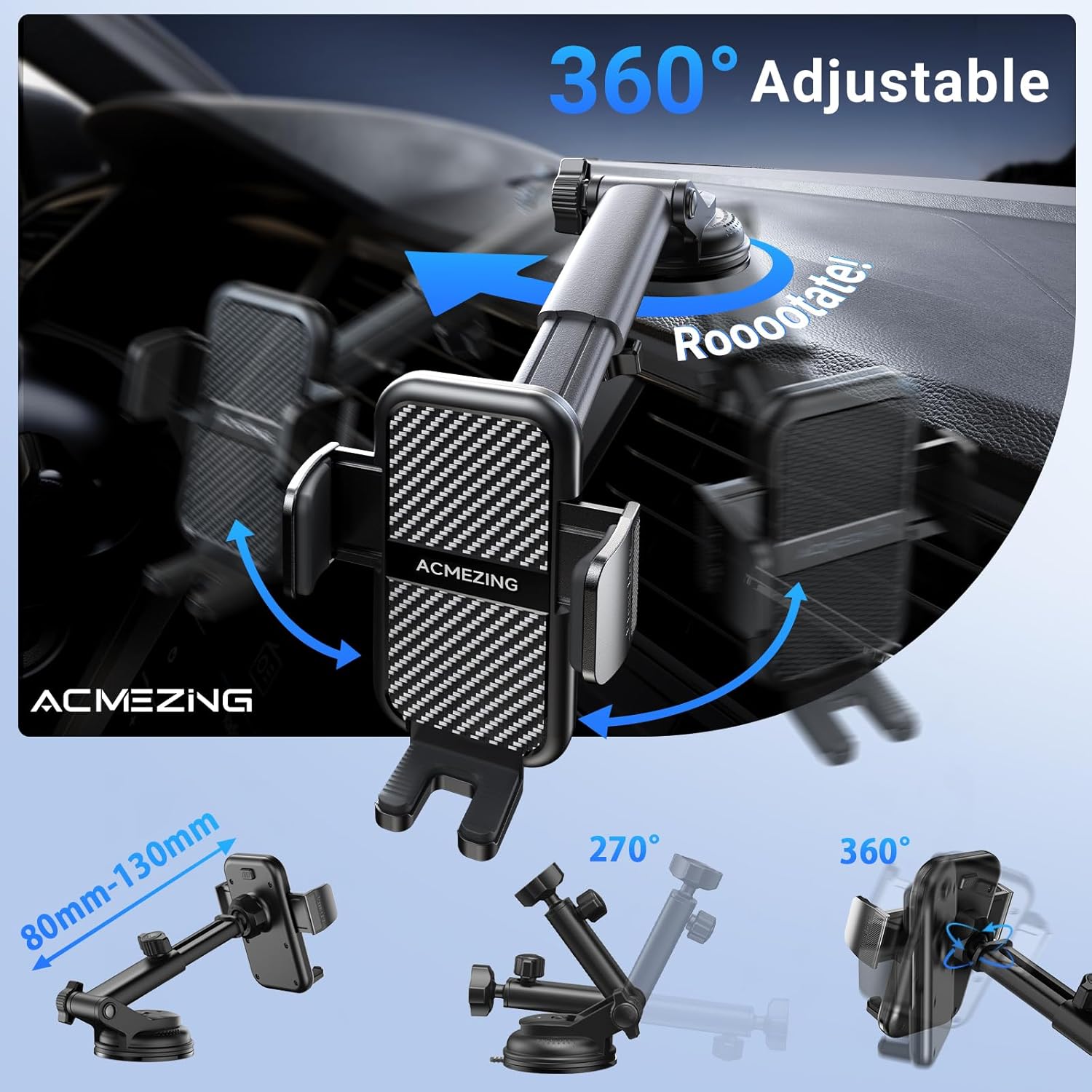 3-in-1 Car Phone Holder [122+LBS Strongest Suction & Stable Clamp Arm] 360° Adjustable Car Phone Mount, Cell Phone