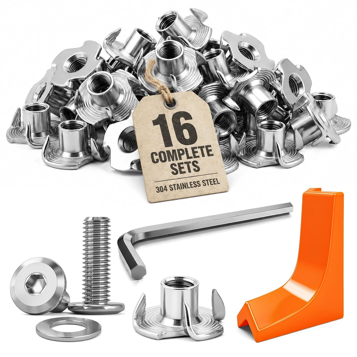 16 Sets 1/4-20 T Nuts & 3/4 in Bolts Kit, 304 Stainless Steel 4-Prong T Nut