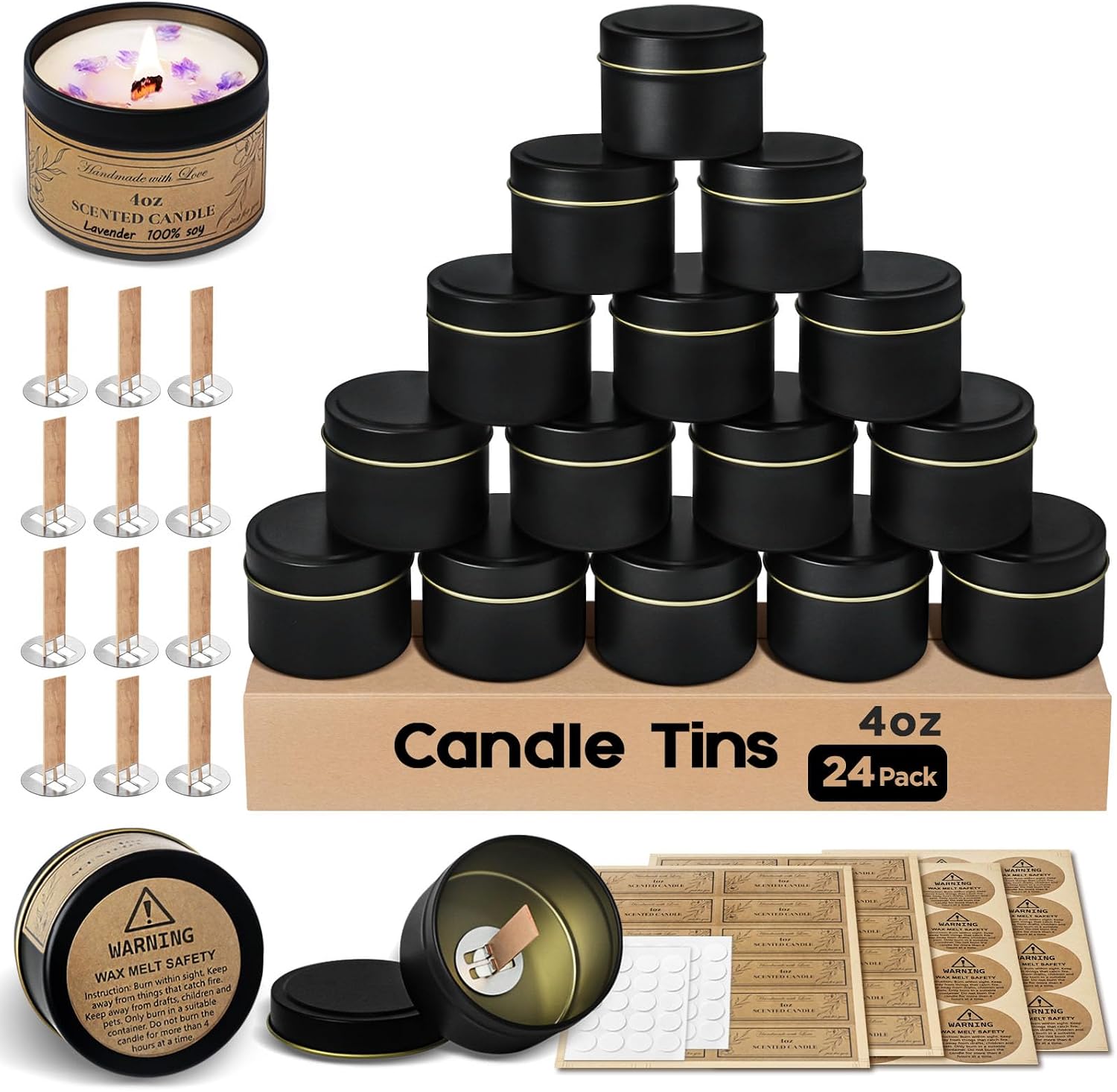4oz Candle Tins with Lids, 24 Set DIY Candle Making Kit Includes Bulk Tins, Wood Wicks, Stickers, Wick Holders &
