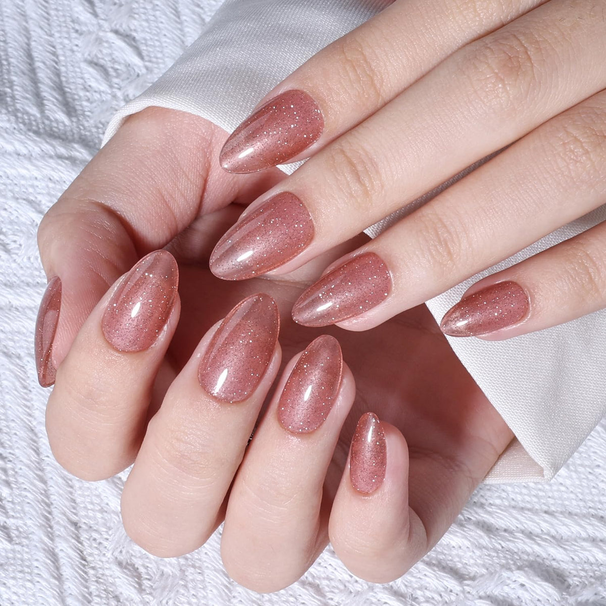 Press On Nails Almond - Nude Pink Nails Glitter Fake Nails