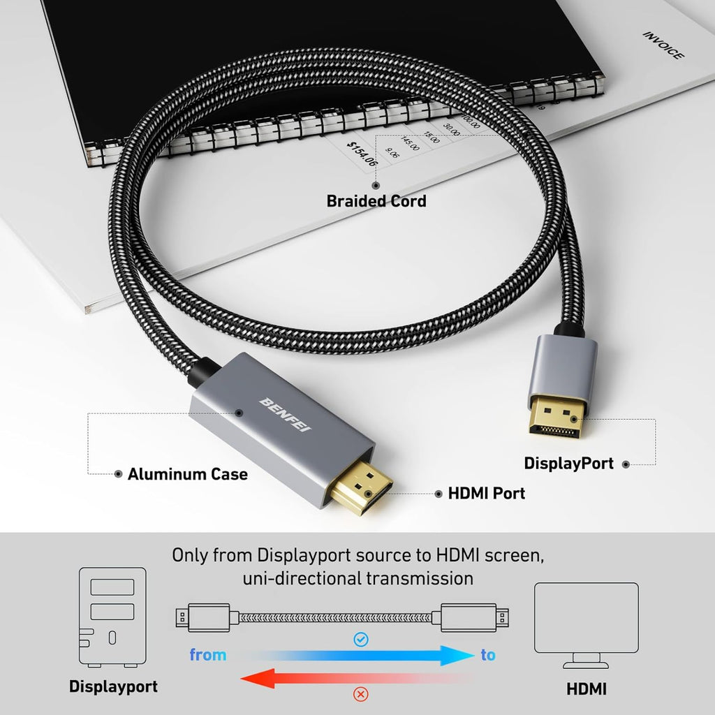 4K DisplayPort to HDMI 6 Feet Cable[Aluminum Shell, Nylon Braided], Uni-Directional DP 1.2 Computer to HDMI 1.4