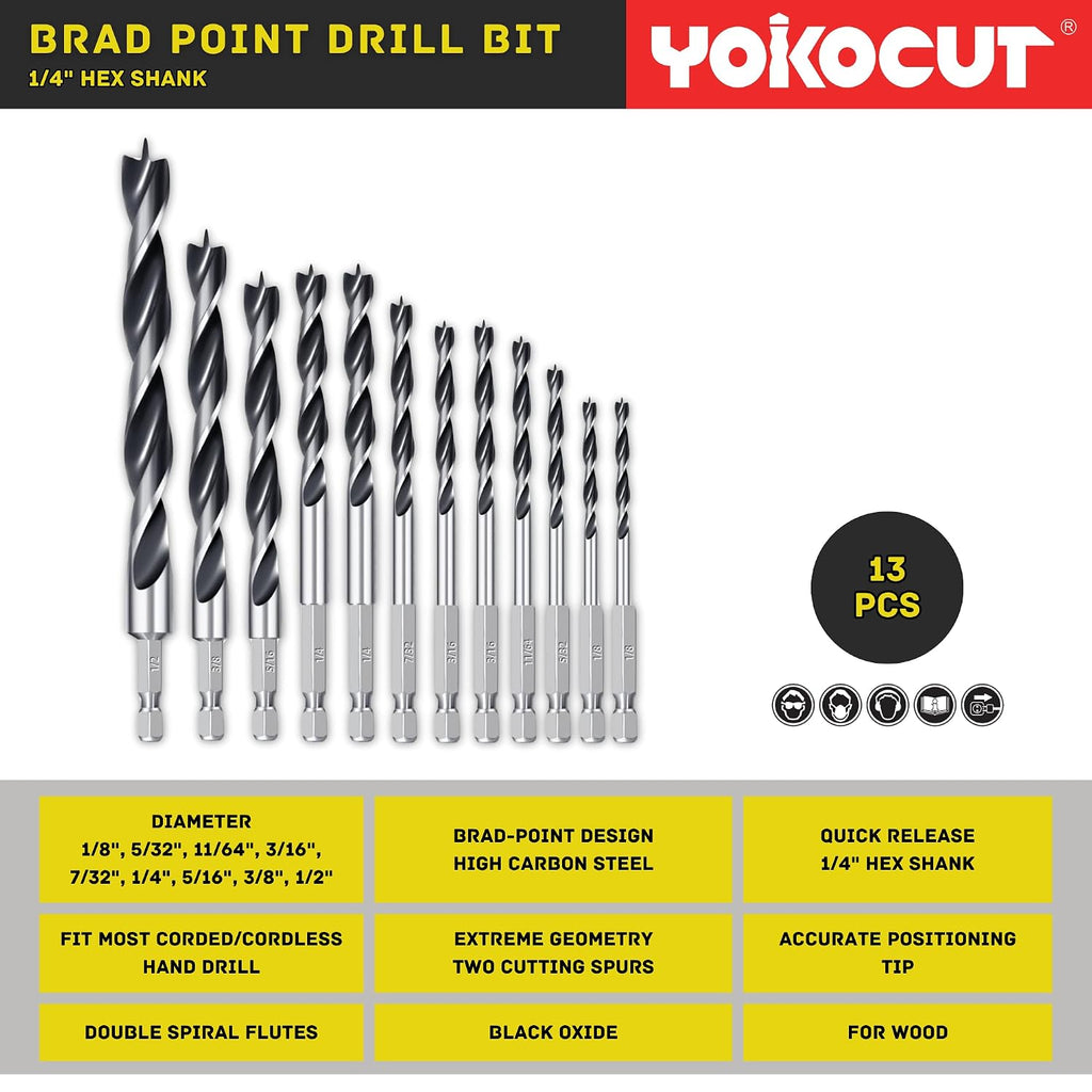 Brad Point Drill Bits Set, 13pcs for Woodworking, 1/4" Hex Shank 1/8" to 1/2" Wood Drill Bits for Hardwood, Plywood