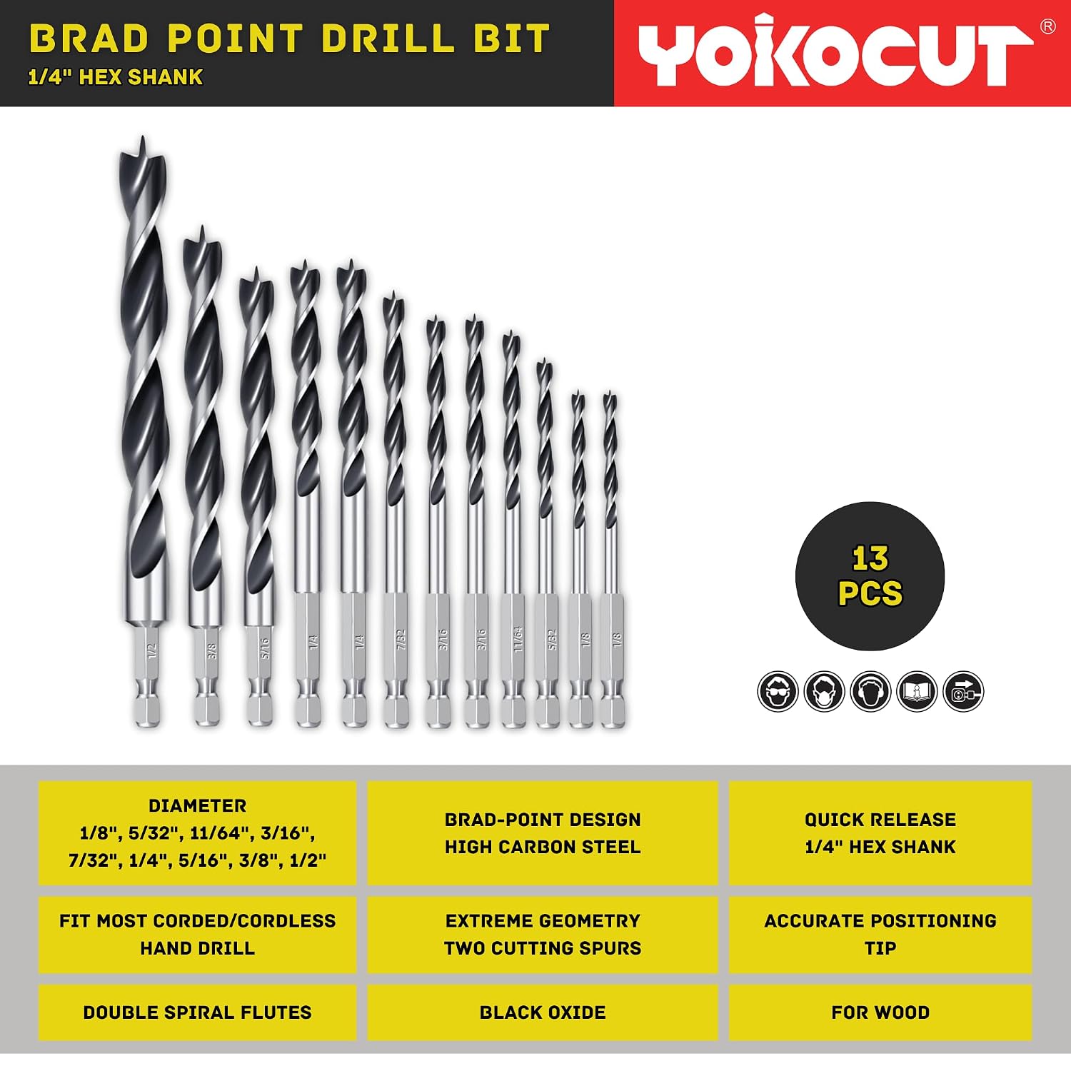 Brad Point Drill Bits Set, 13pcs for Woodworking, 1/4" Hex Shank 1/8" to 1/2" Wood Drill Bits for Hardwood, Plywood