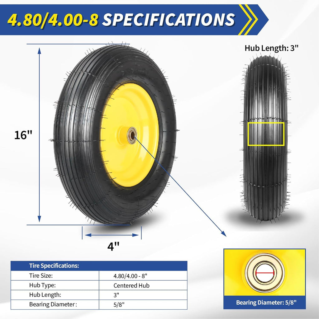 4.80/4.00-8 Wheelbarrow Tire and Wheel, 16" Rubber Pneumatic Wheel, 3"- 6" Centered Hub, 5/8" & 3/4" Bearings, for