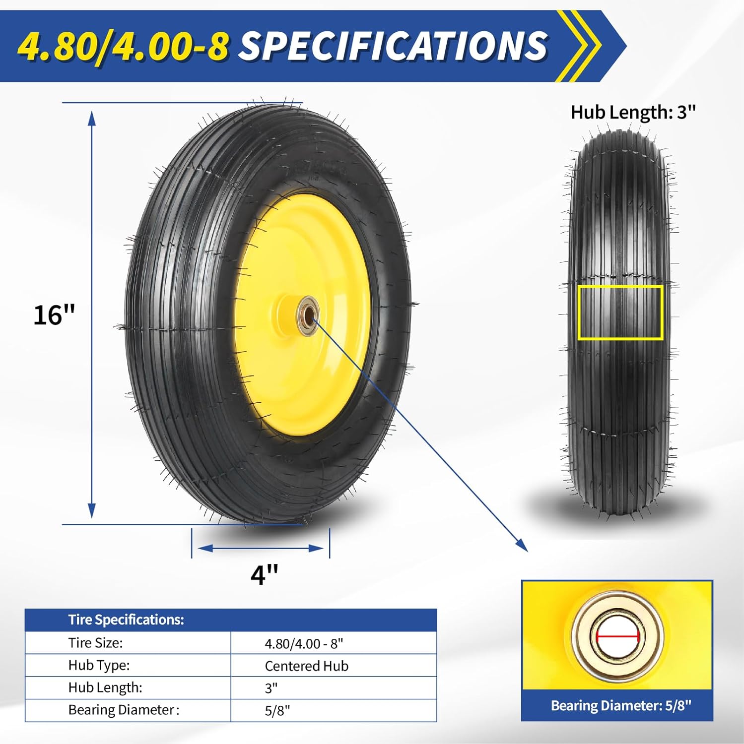 4.80/4.00-8 Wheelbarrow Tire and Wheel, 16" Rubber Pneumatic Wheel, 3"- 6" Centered Hub, 5/8" & 3/4" Bearings, for