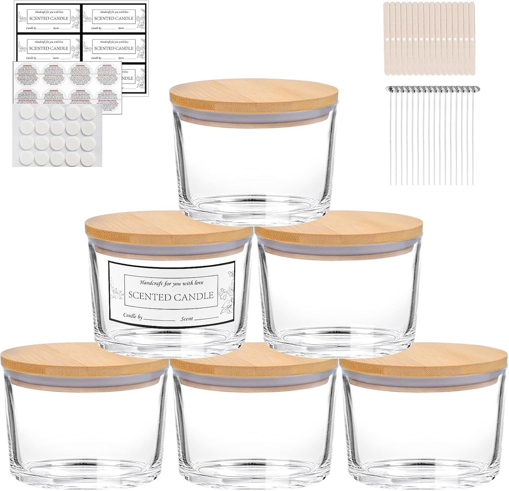 6 Pack 16oz Clear Wide Mouth Glass Candle Jars | Airtight Bamboo Lids, Sticky Warning Labels
