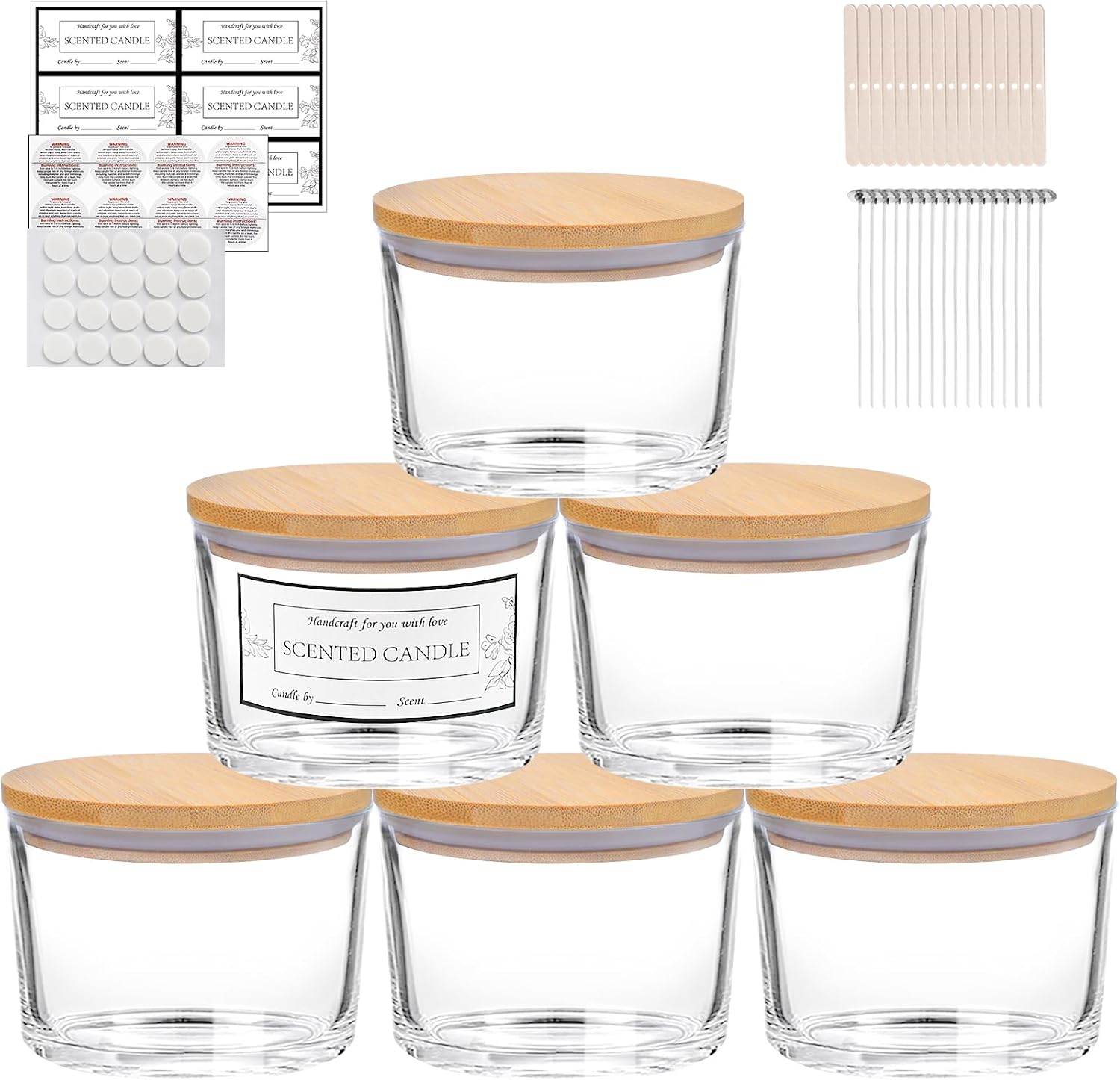 6 Pack 16oz Clear Wide Mouth Glass Candle Jars | Airtight Bamboo Lids, Sticky Warning Labels