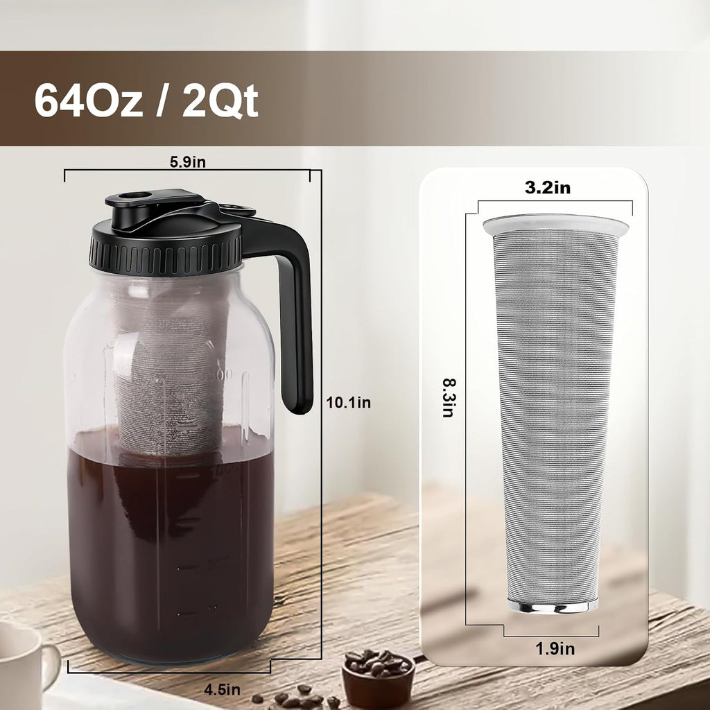 Cold Brew Coffee Maker - 64 Oz Heavy-Duty Glass Mason Jar Pitcher with Stainless Steel Filter, Leak-Proof Lid