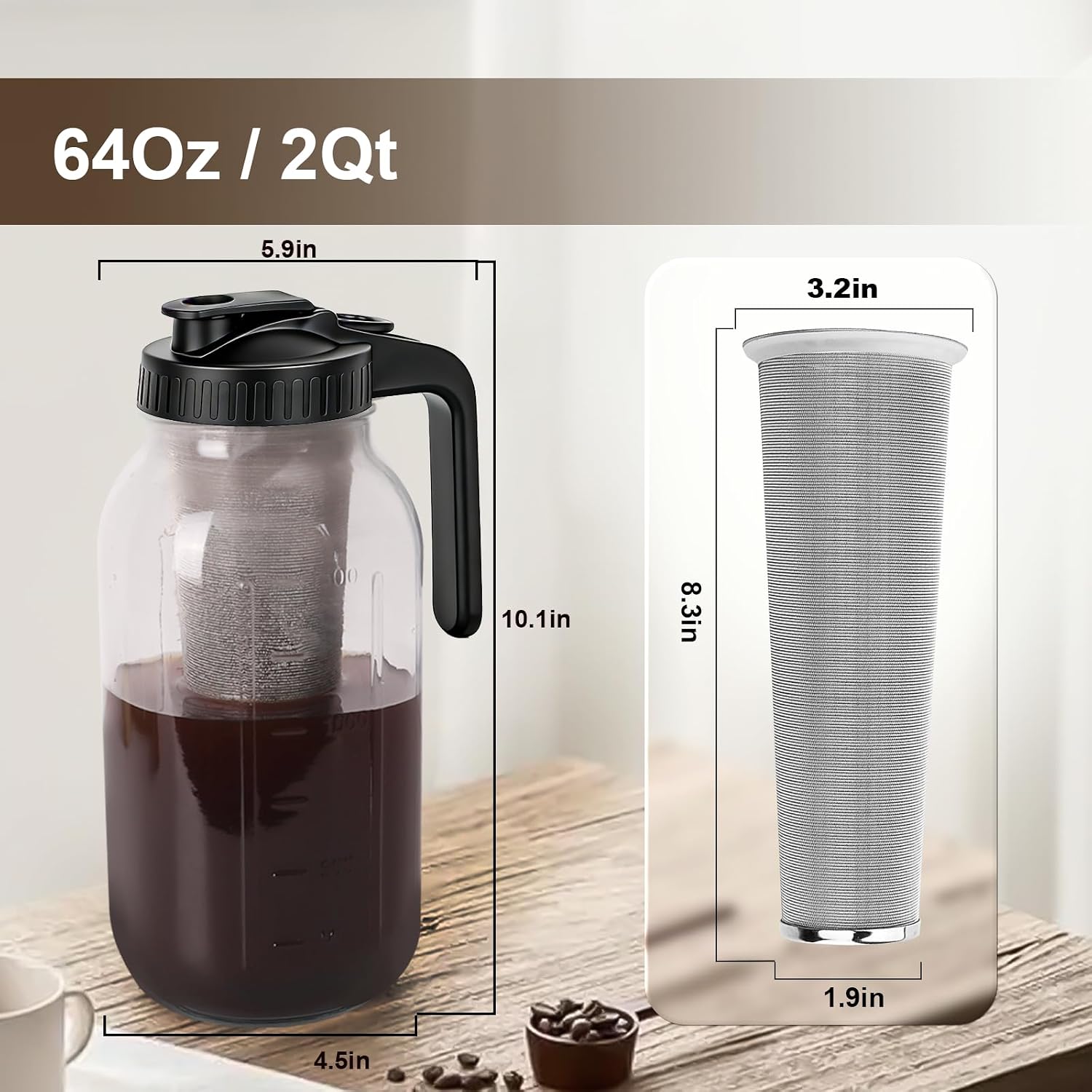 Cold Brew Coffee Maker - 64 Oz Heavy-Duty Glass Mason Jar Pitcher with Stainless Steel Filter, Leak-Proof Lid