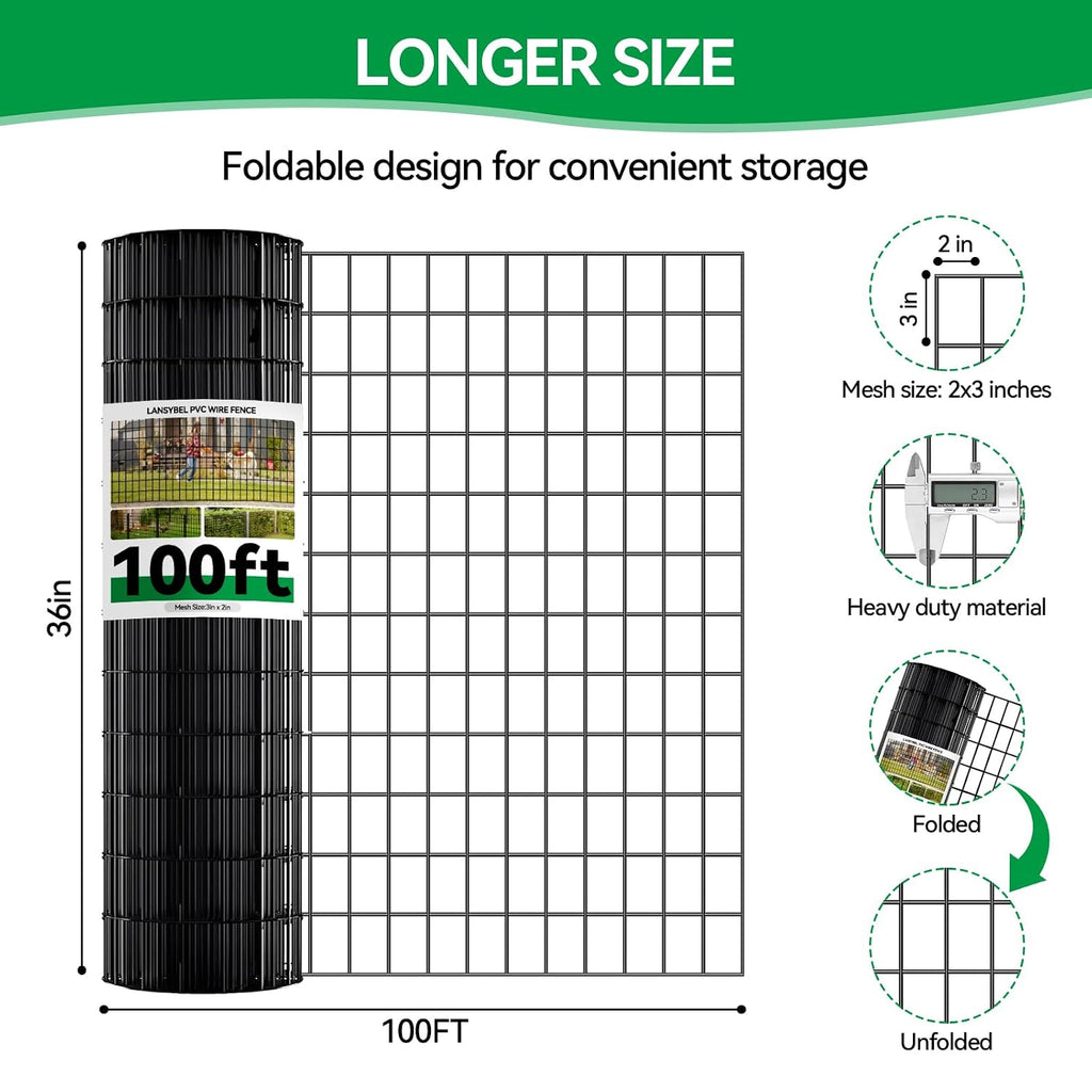 Welded Wire Fence, 100t(L) x 36inch(H) PVC Anti-Rust Coated Wire Mesh, 2 Inch x 3 Inch 16GA Garden Edging Border