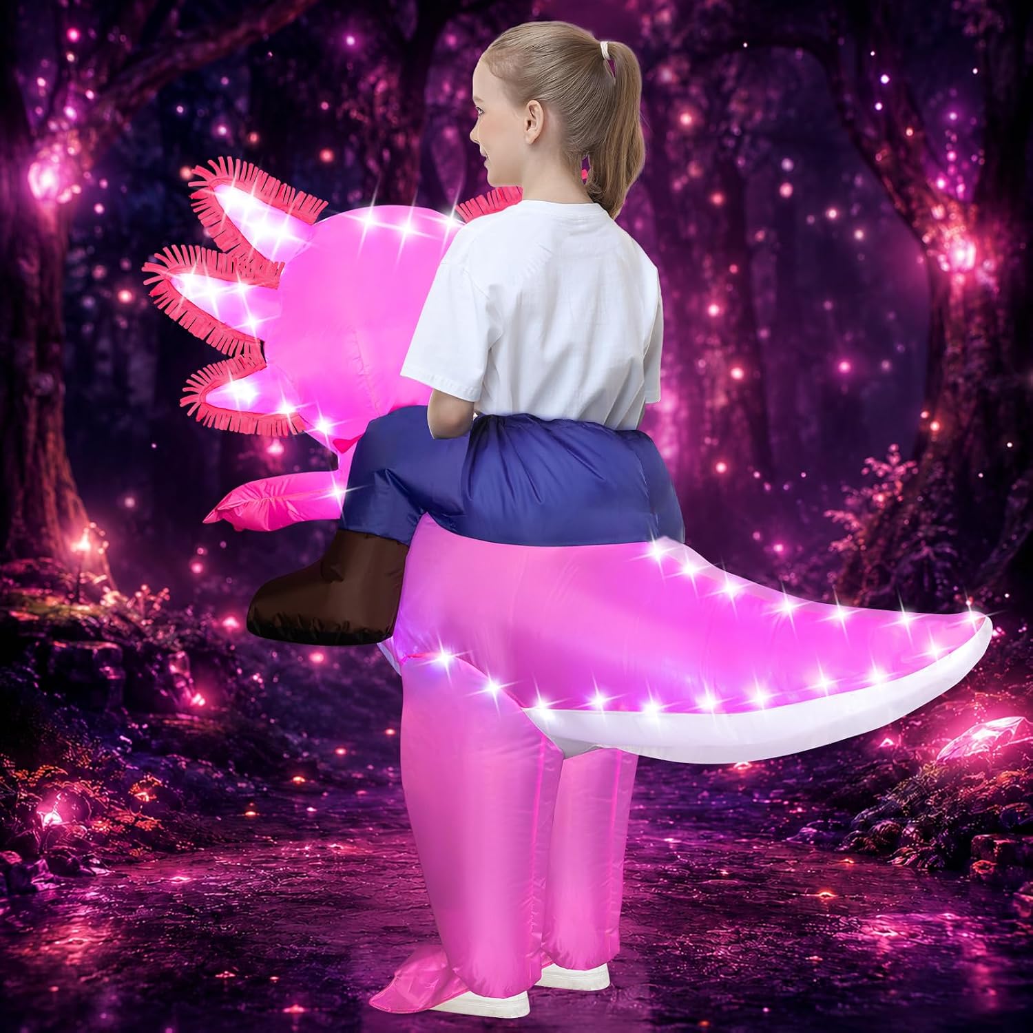 Inflatable Axolotl Costume for Kids with LED Lights, Ride-On Blow Up Halloween Cosplay Outfit for Girls and Boys