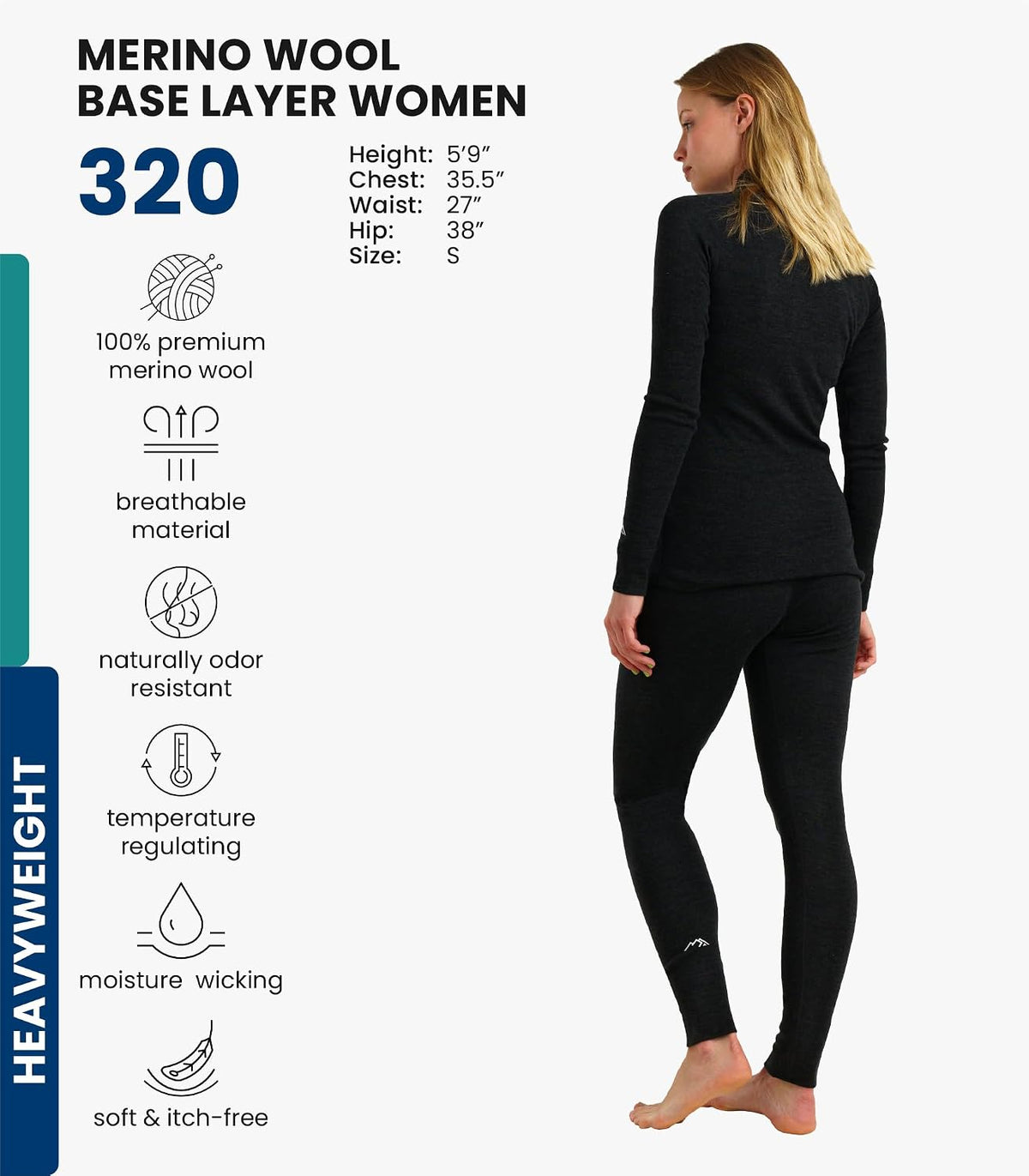 100% Merino Wool Base Layer Women Set - Thermal Underwear Women Top, Bottom | Lightweight, Midweight, Heavyweight