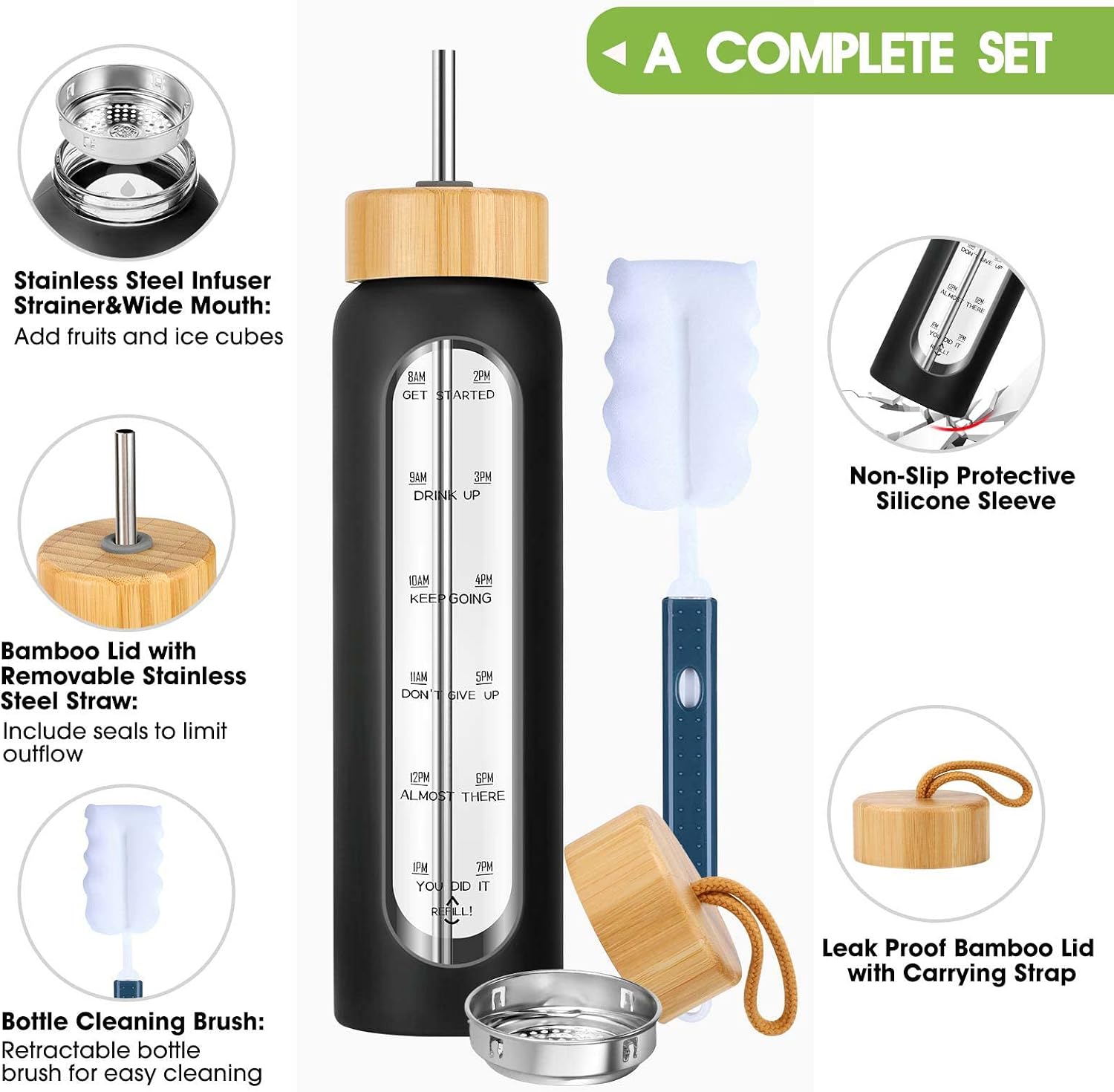 32 oz Glass Water Bottle with Straw - Motivational Time Marker & Silicone Sleeve - Reusable Tumbler Includes 2 Bamboo