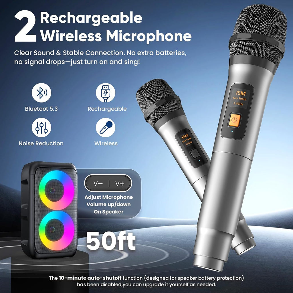 Karaoke Machine for Adults Kids, Portable Bluetooth Speaker with 2 Wireless Microphones, TWS Mode & LED Light, 10H