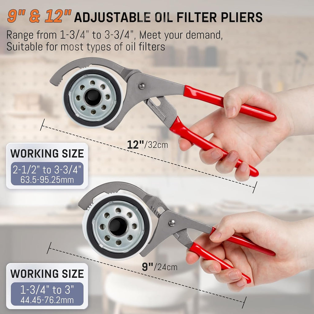 8-Piece Oil Filter Wrench Set, Oil Filter Removal Tool Cover 2-3/4" to 5-1/4", 9" & 12" Adjustable Oil Filter Pliers
