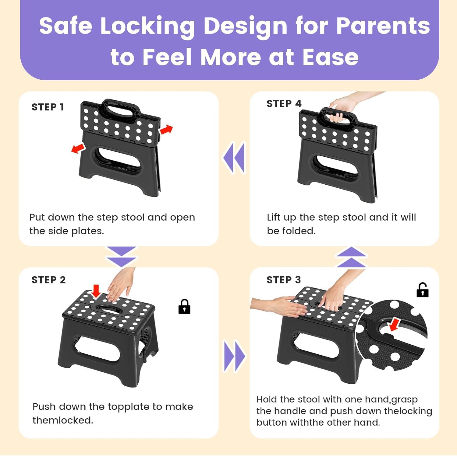 Folding Step Stool 9 Inch - Holds 600 lb, Non-Slip Surface & Carry Handle - Sturdy Step Stool for Kids, Toddlers &