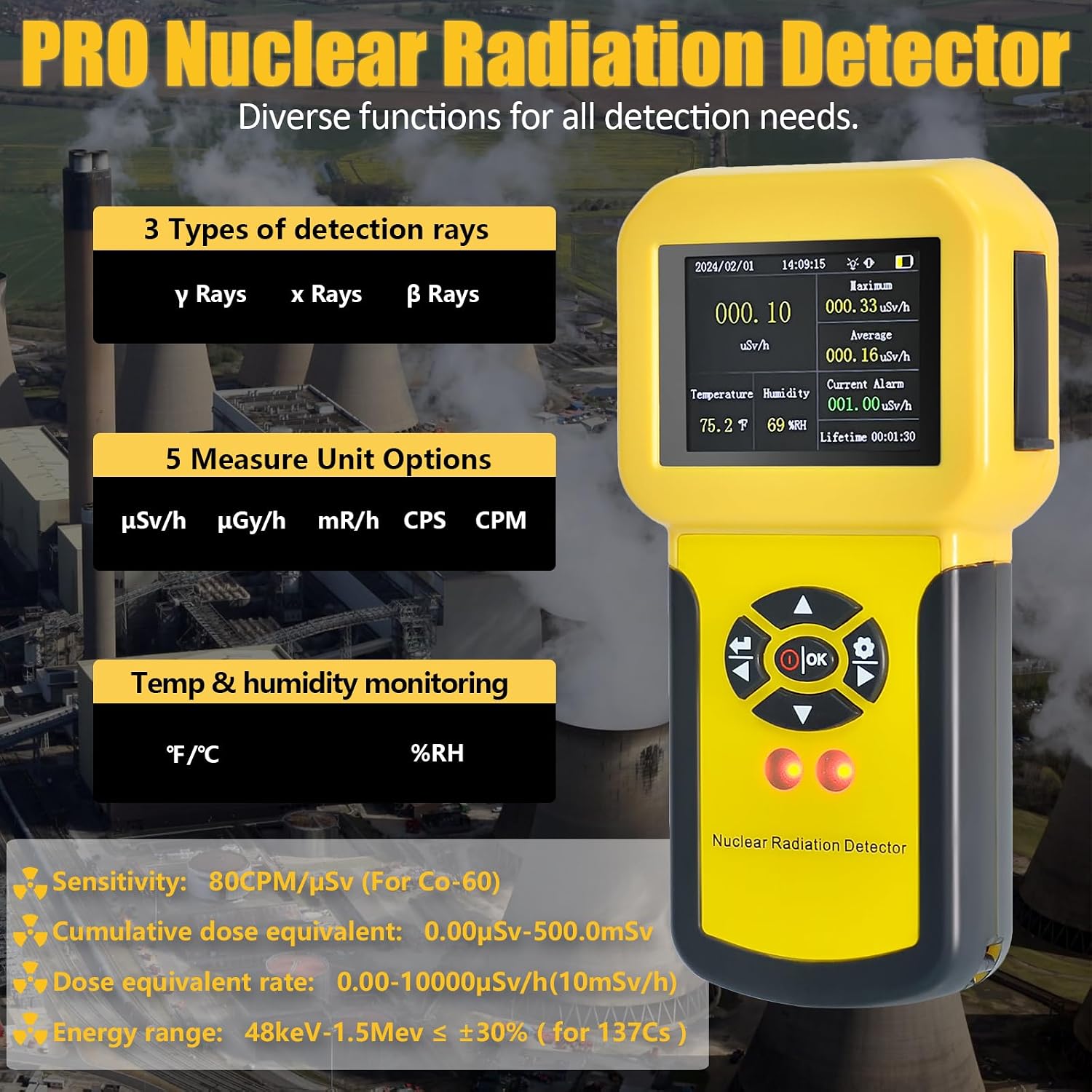 HOLDPEAK Geiger Counter, Rechargeable Nuclear Radiation Detector with LCD Display, Beta, Gamma & X-ray Detection, 5