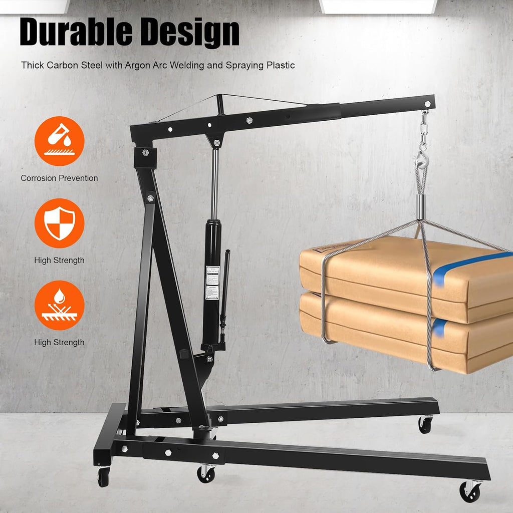 2-Ton Hydraulic Engine Hoist, Heavy-Duty Cherry Picker for Lifting Motors, Carbon Steel Shop Crane for Workshop
