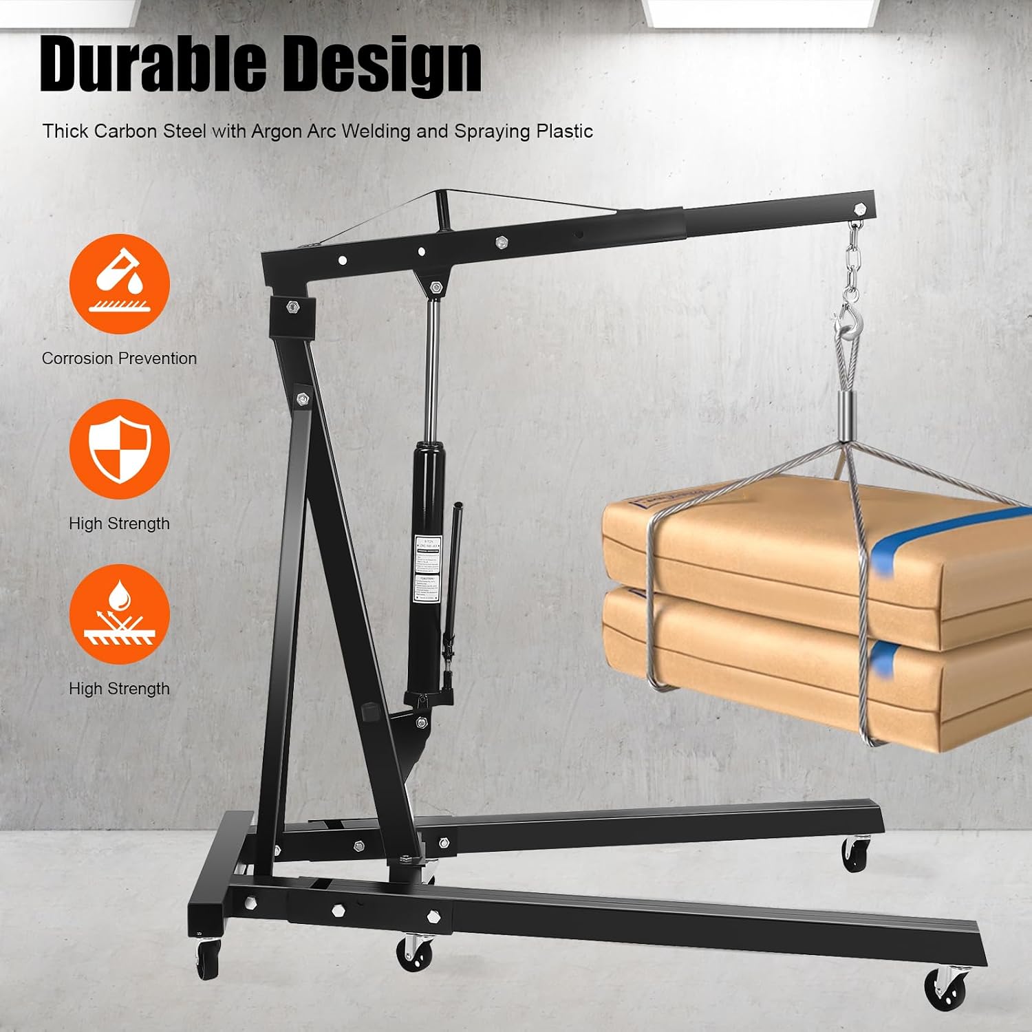 2-Ton Hydraulic Engine Hoist, Heavy-Duty Cherry Picker for Lifting Motors, Carbon Steel Shop Crane for Workshop