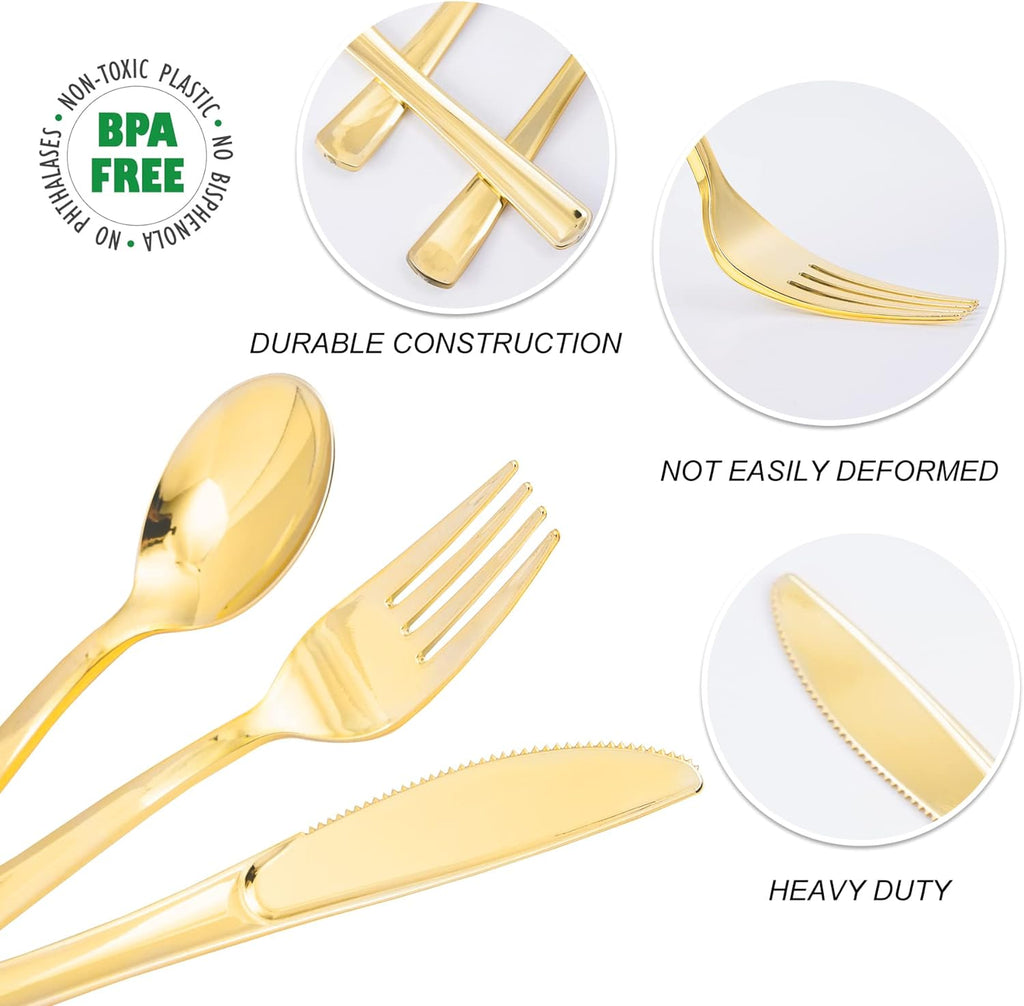 300PCS Gold Plastic Silverware, Disposable Plastic Cutlery/Utensils