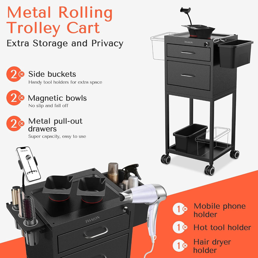 Wheeled Lockable Metal Salon Cart with Drawers & 2 Magnetic Bowls | Rolling mobile storage trolley designed for