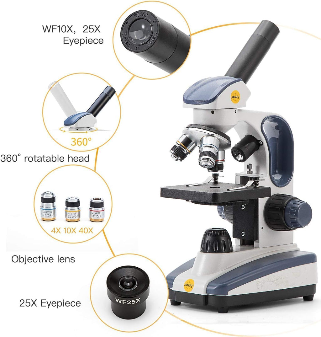 Compound Monocular Microscope SW200DL with 40X-1000X Magnification, Dual Light, Precision Fine Focus, Wide-Field 25X