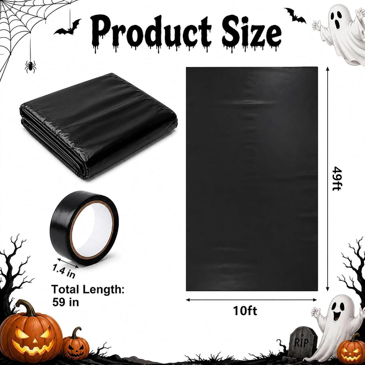 49 x 10 Ft Halloween Black Plastic Sheeting, Spooky Backdrop Decoration Kit