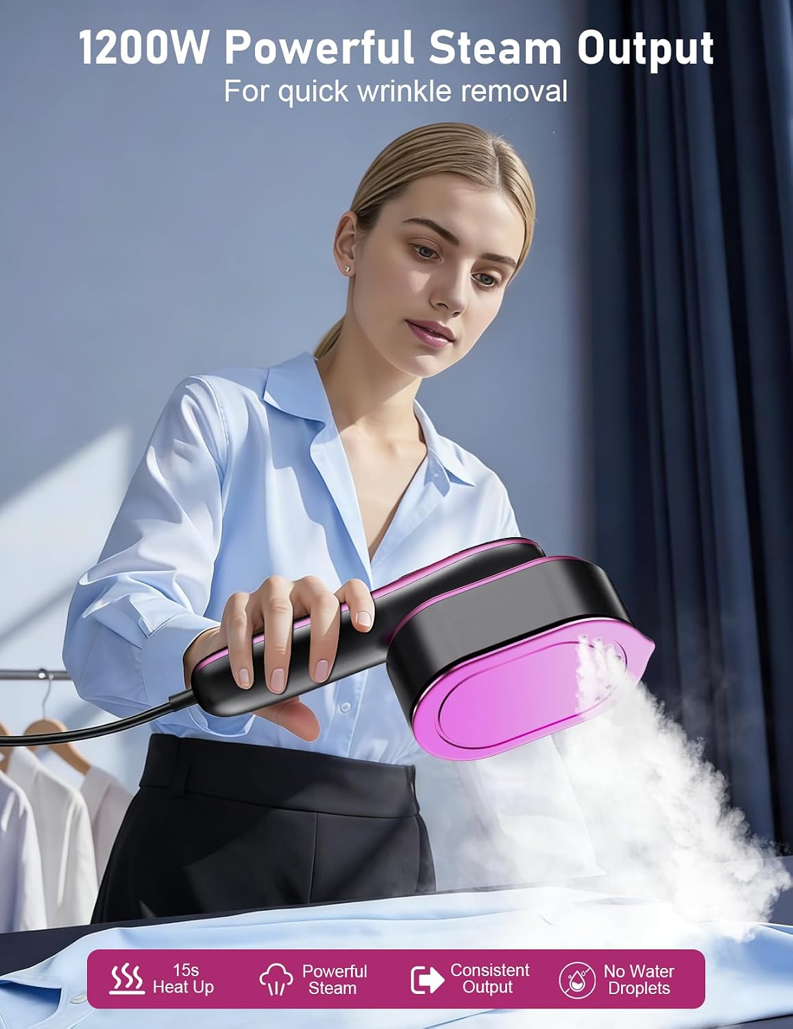 Travel Garment Steamer for Clothes with LED Display, 1200W Portable Handheld Steamer ＆ Iron 2 In 1, 10s Fast Heat Up