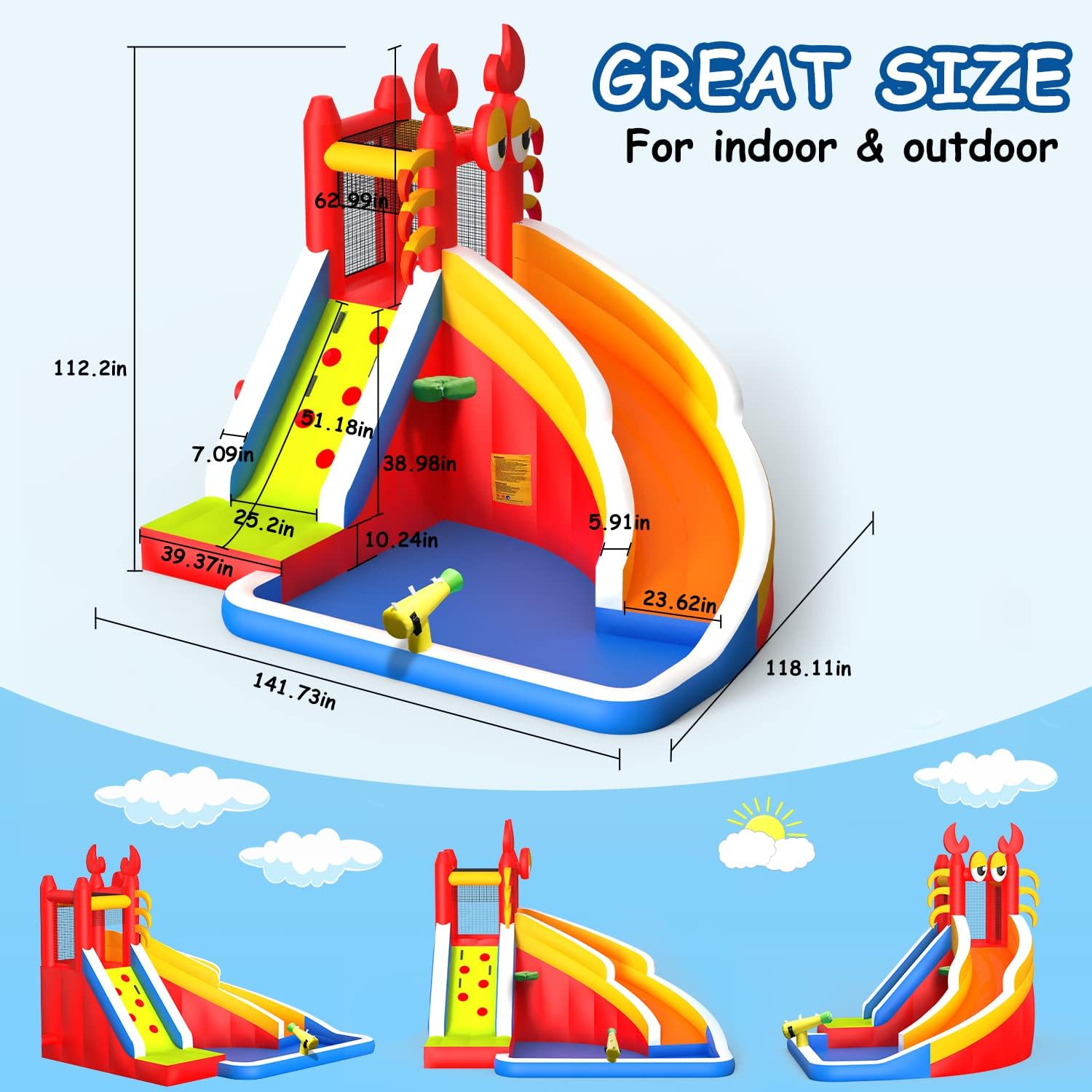 Inflatable Water Slide,Big Bounce House for Kids with Splash Pool,Climbing Wall,Basketball Hoop,Water Gun for