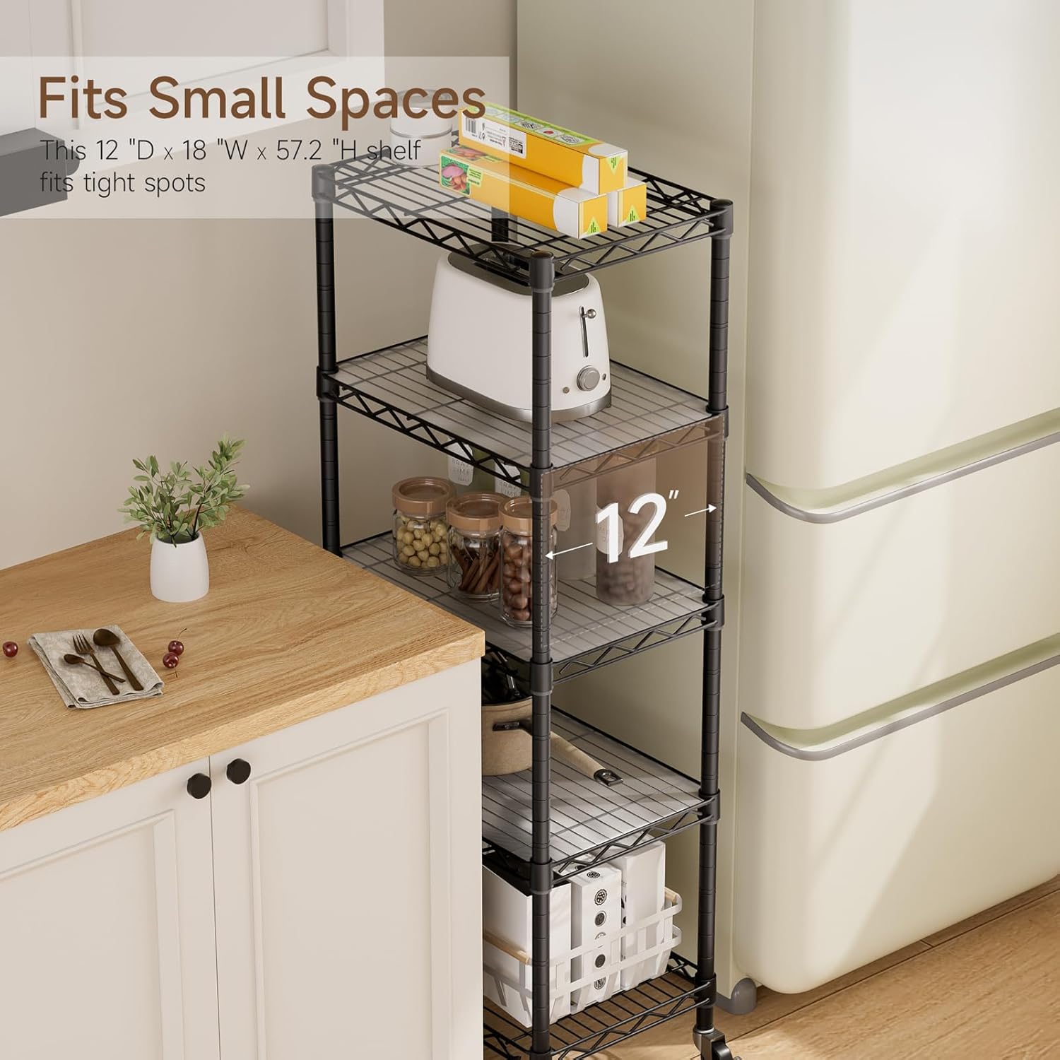 Small 5 Tier Shelves Storage Wire Shelving Unit Metal Shelf Adjustable Organizers Storage Shelving with Wheels for